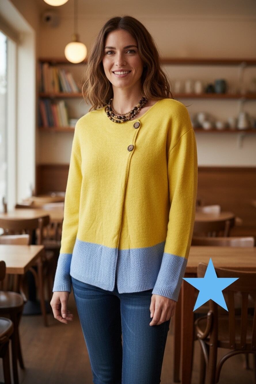 Made With Love Yellow & Blue Wrap Cardigan Cotton Blend WOMENS Sweater S M NWT